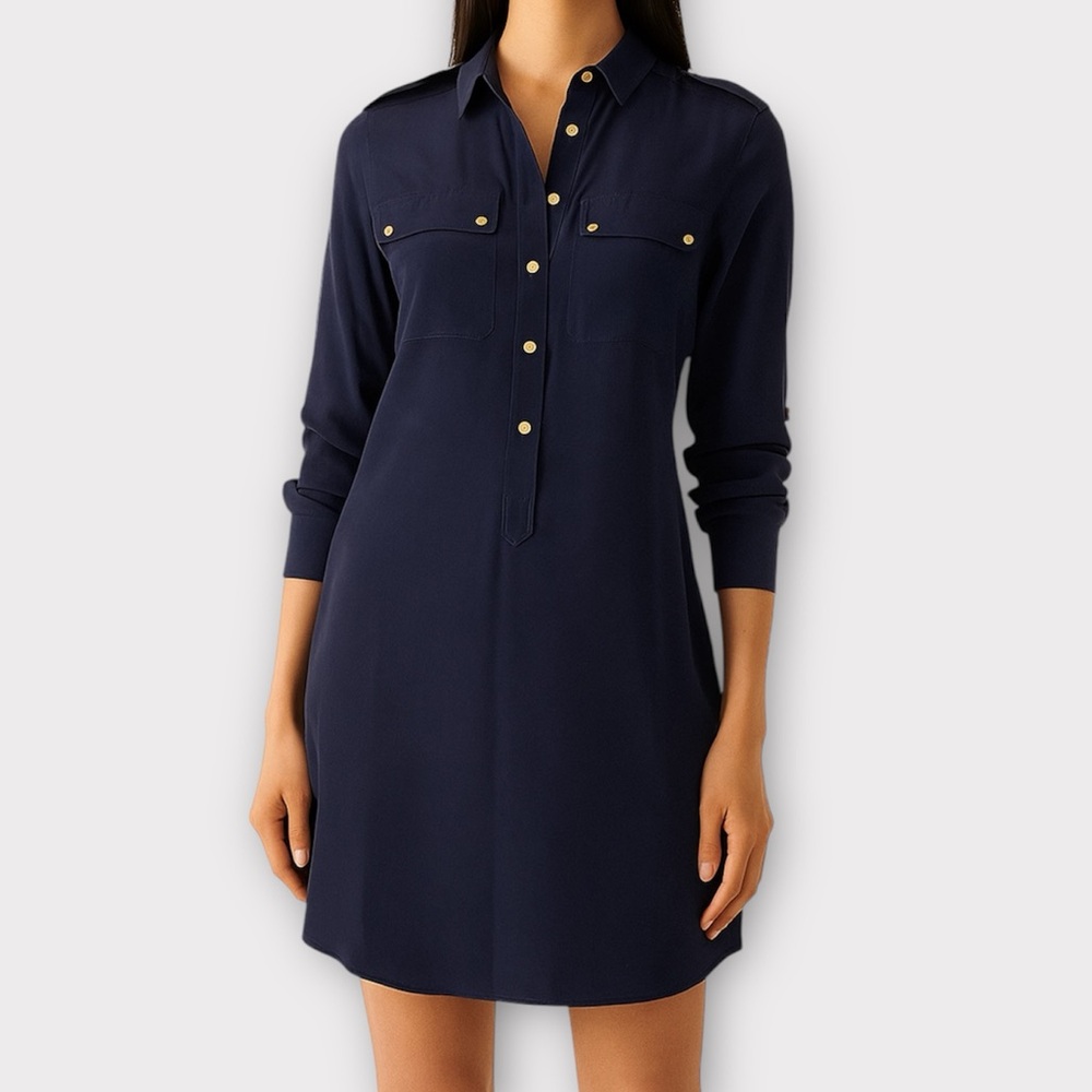 Juicy Couture Women’s Dress Size 0 Shirtdress 100% Silk Navy Blue Minimalist